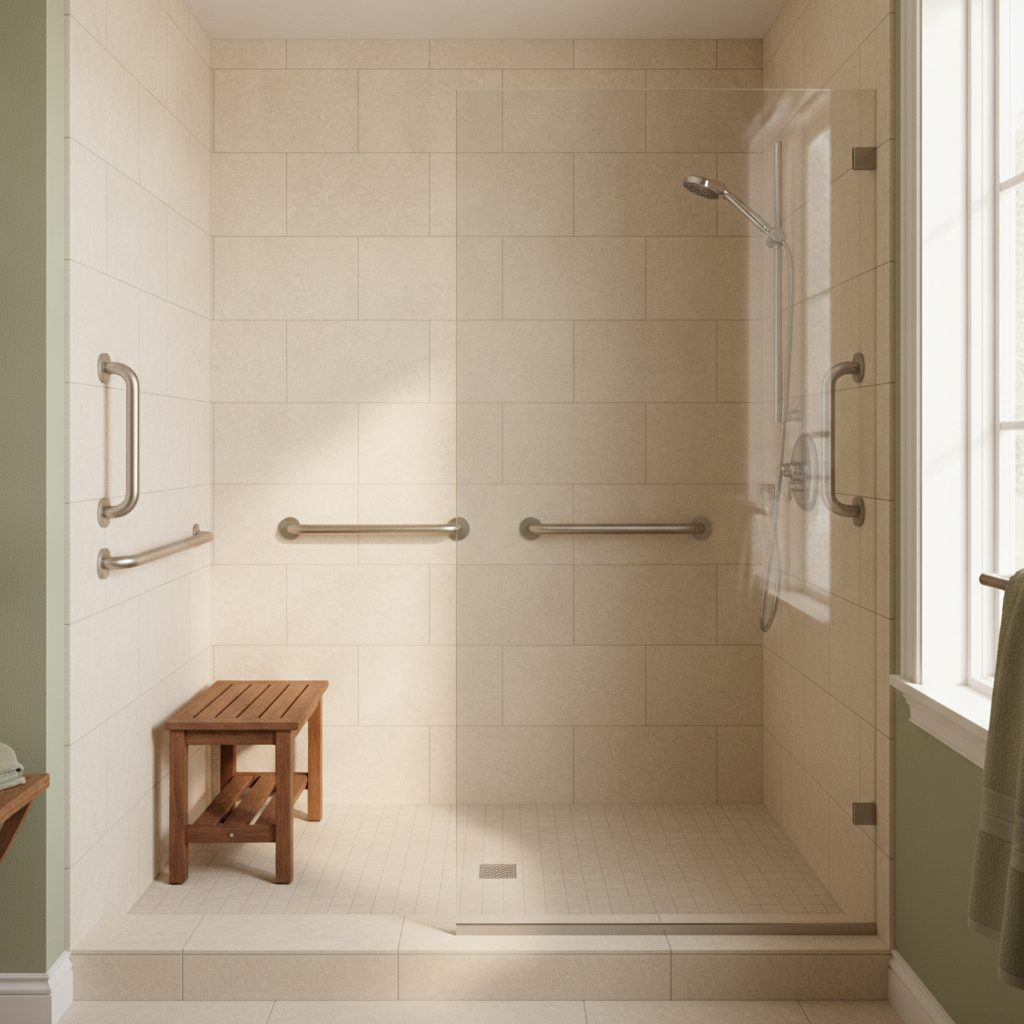 A completed wheelchair-accessible roll-in shower with a wide opening, fold-down bench, and grab bars