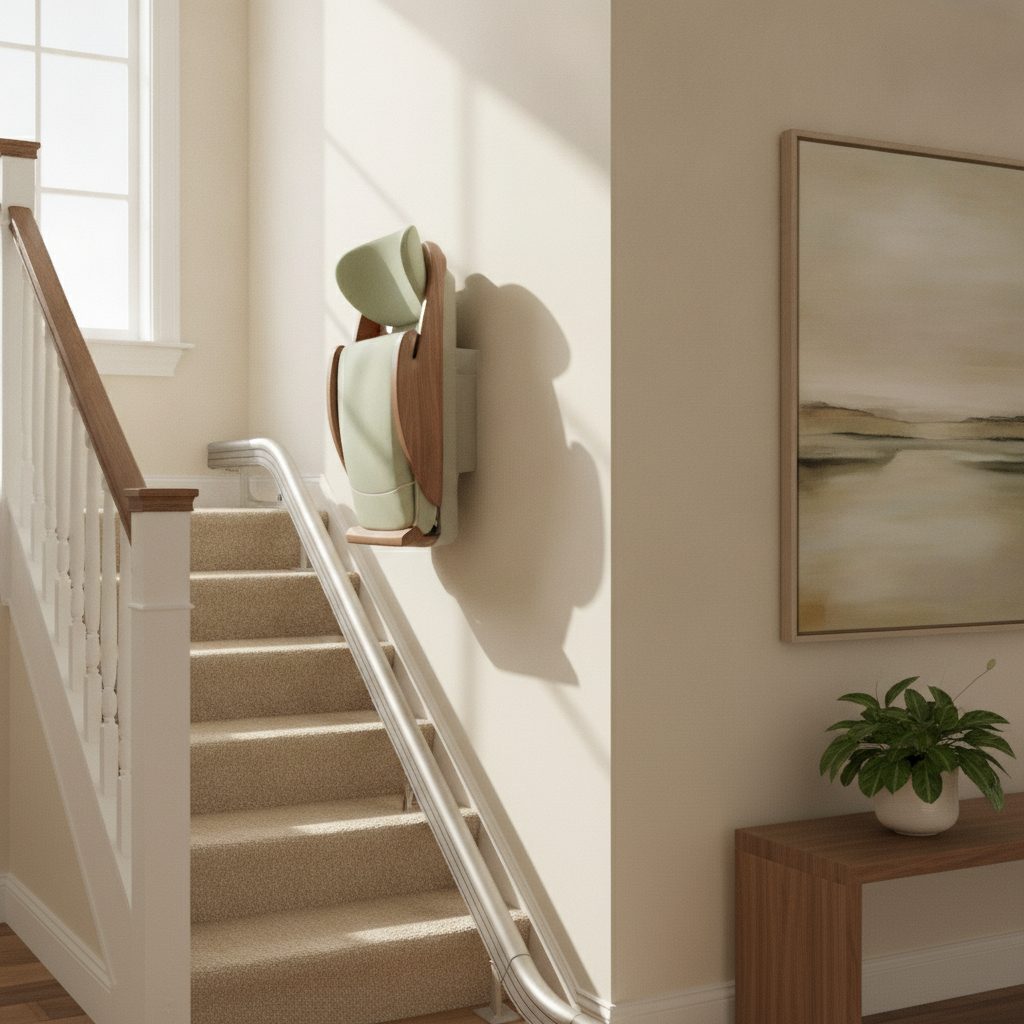 A stair lift seat and armrests folded neatly against the wall on a carpeted staircase, showing the compact rail