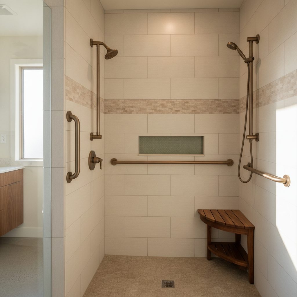 A finished zero-entry tub-to-shower conversion with modern tile, a handheld shower, and grab bars in a Central Texas master bath