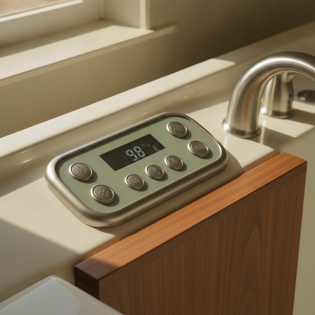 Close-up of a walk-in tub's easy-to-read controls with large tactile buttons and brushed-nickel fixtures