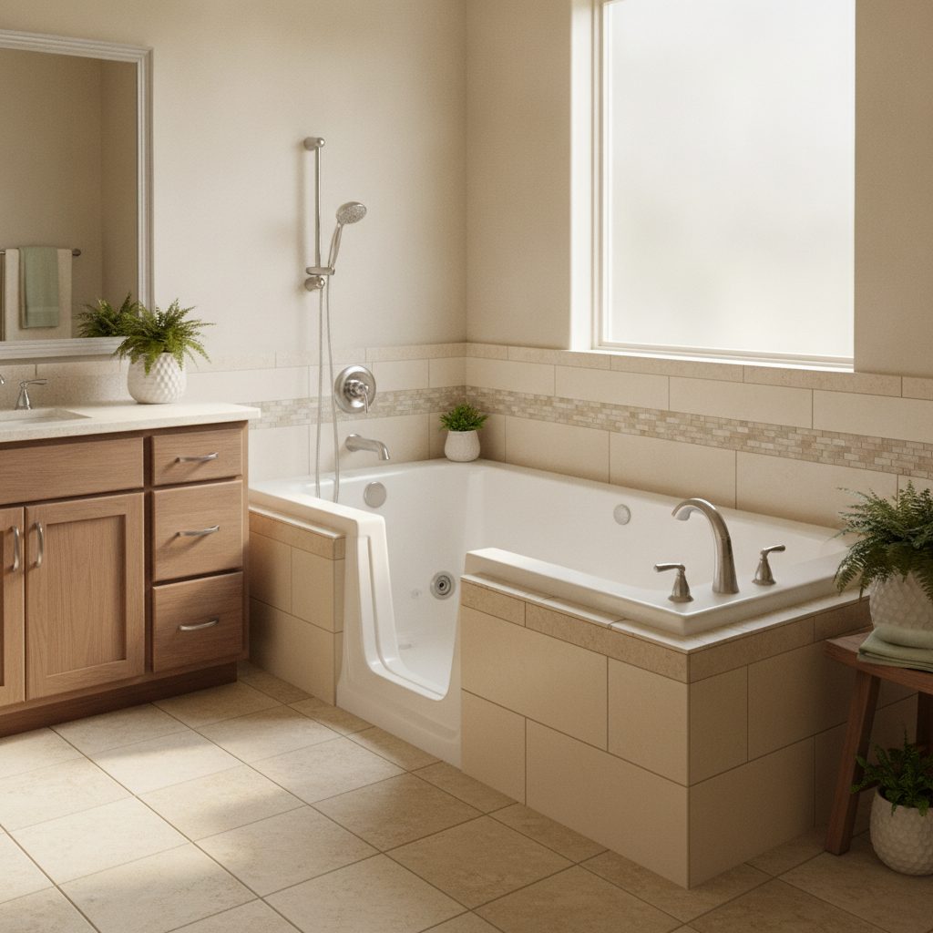 A finished white walk-in tub with a low entry door, air jets, and a handheld shower in a Central Texas bathroom