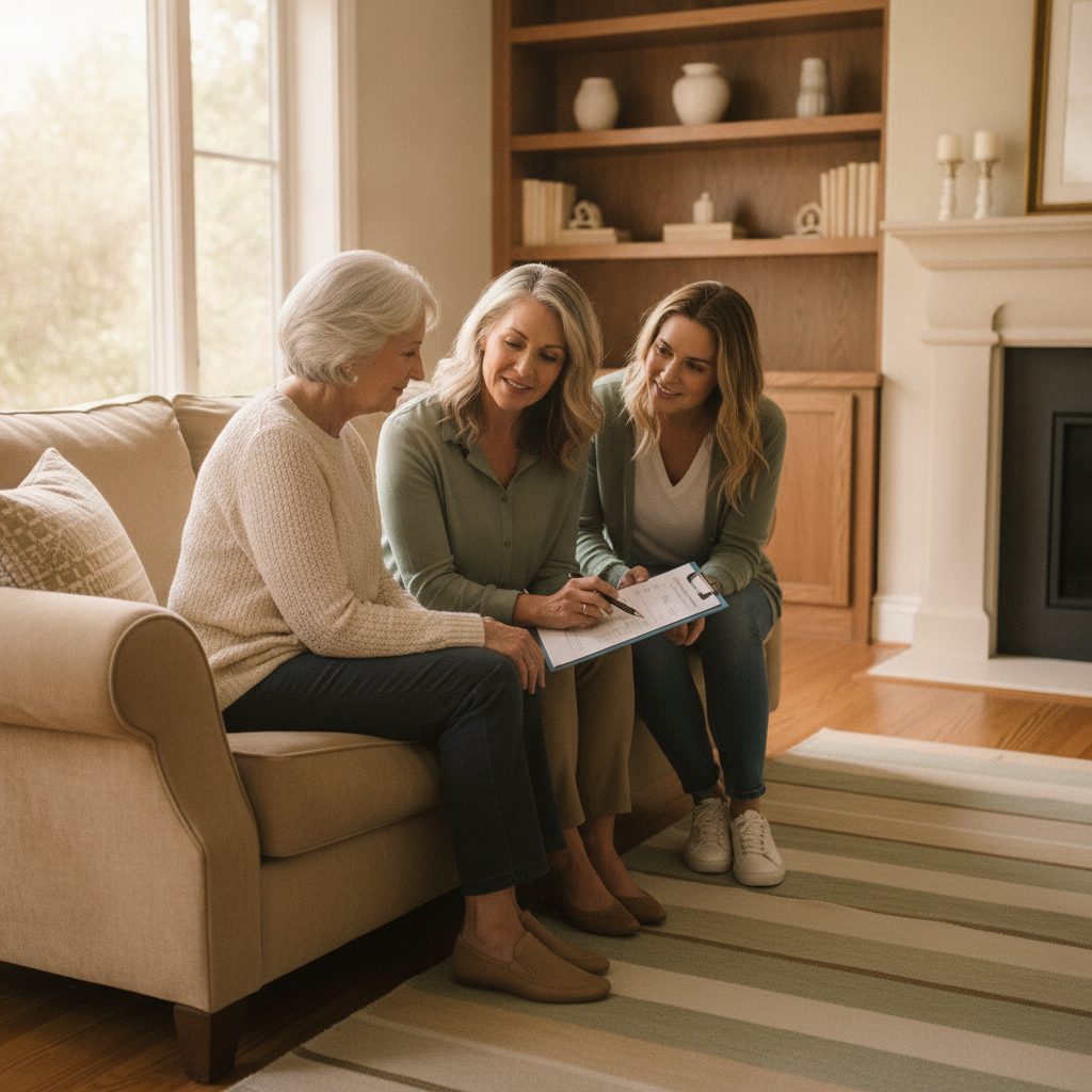 A CAPS-certified specialist reviewing a whole-home accessibility plan with an older homeowner and adult daughter