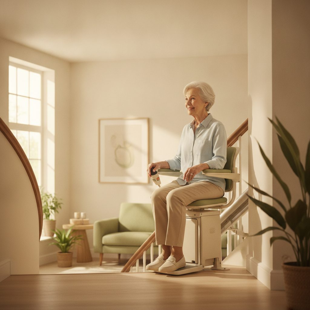 An older woman riding a stair lift, hand on the armrest control, smiling in a bright home