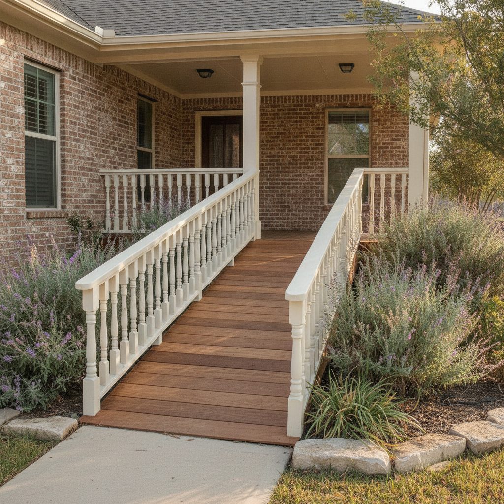 A finished custom wood wheelchair ramp with white railings at the front porch of a brick Central Texas home
