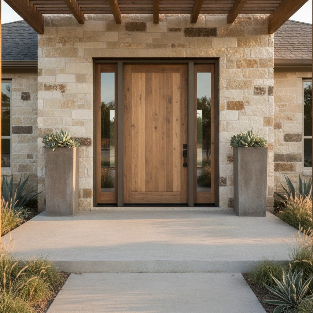 A completed zero-step exterior entry with a flush concrete landing and matching stonework at a Hill Country home