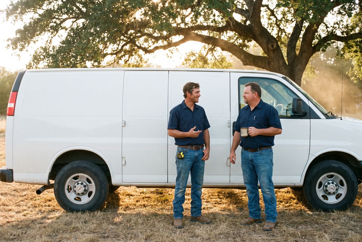 Two tradesmen in plain work shirts standing beside a work van under a live oak