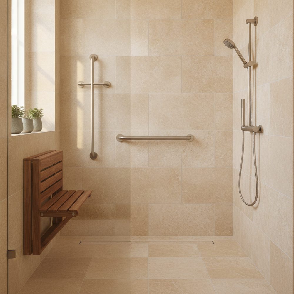 Finished tub-to-shower conversion in a Central Texas home: curbless zero-entry shower with large-format tile, fold-down bench, brushed nickel grab bar, and handheld showerhead
