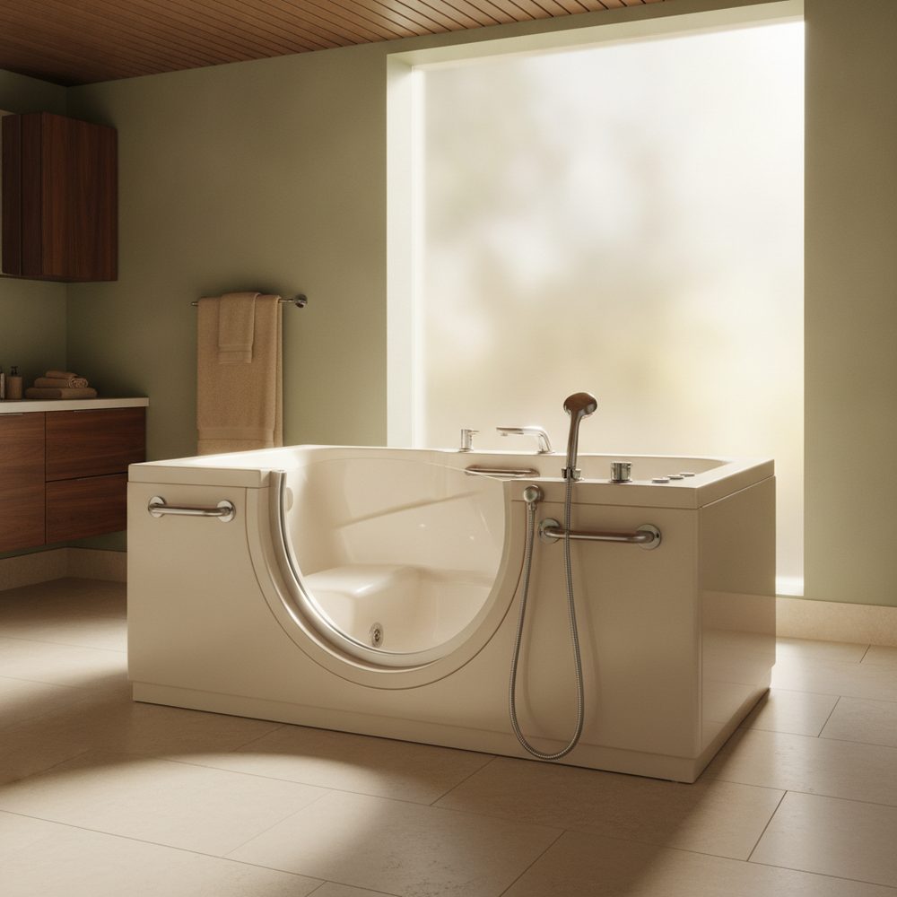 Installed walk-in tub for seniors in a Central Texas bathroom — low-entry door, contoured seat, anti-slip floor, and built-in grab bars, completed by Live Oak Home Access