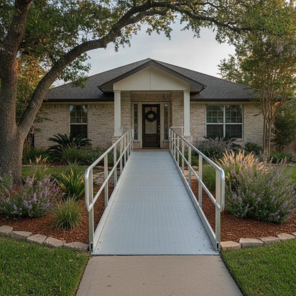 CAPS-certified installer fitting an aluminum modular wheelchair ramp with graspable handrails at a Central Texas home entry