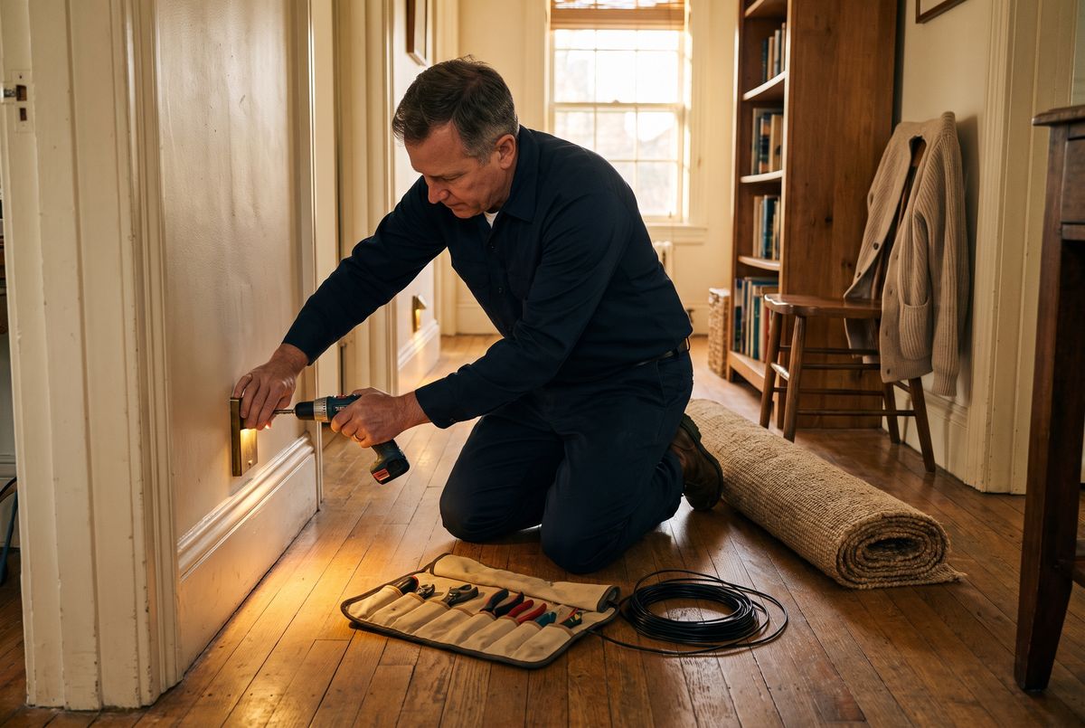 A technician fitting a low path light into a hallway baseboard